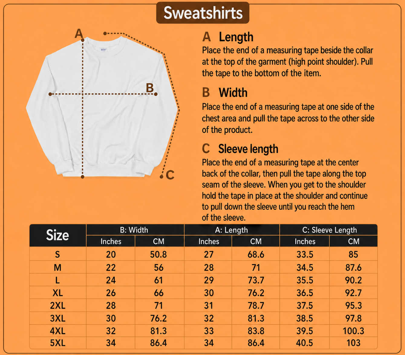 Size chart for Chef sweatshirt