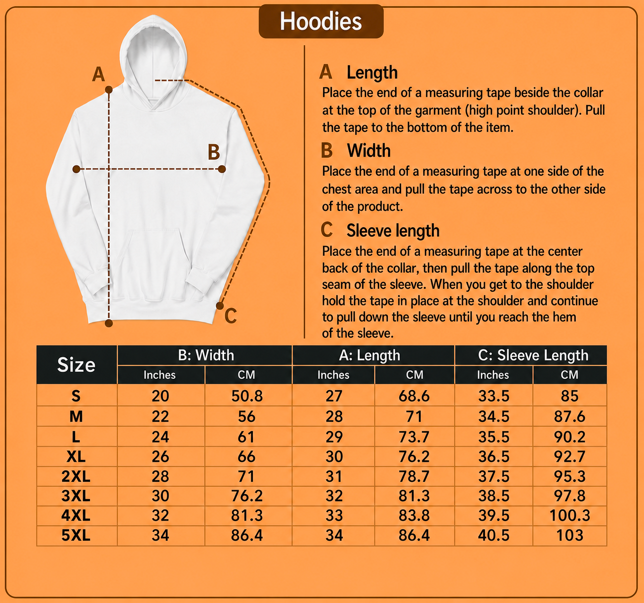 Size chart for Chef hoodie